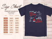 Navy Comfort Colors heavyweight adult tee size chart with "It's All Fun and Games Until Someone Loses a Weiner" graphic.